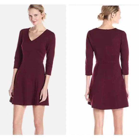 Trina Turk Wine Red Burgundy Song V Neck Ponte Knit Dress Fit & Flare XS 0 2 - Picture 1 of 11